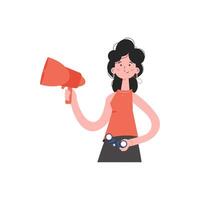 A woman stands waist-deep holding a loudspeaker and binoculars. Isolated. Element for presentations, sites. vector