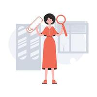 A woman stands in full growth with a web search bar. Search. Element for presentations, sites. vector