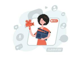 A woman stands waist-deep and holds a clapperboard in her hands. Blogging. Element for presentations, sites. vector