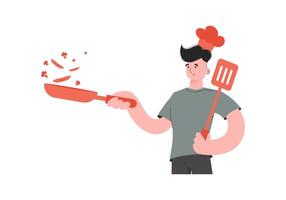 A man stands waist-deep and holds a frying pan and a spatula. Isolated. Element for presentations, sites. vector