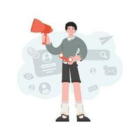 A man stands in full growth and holds a loudspeaker in his hands. HR theme. Element for presentations, sites. vector