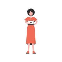 A woman is standing in full growth holding a computer in her hands. Isolated. Element for presentations, sites. vector