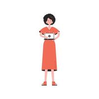 A woman is standing in full growth holding a computer in her hands. Isolated. Element for presentations, sites. vector