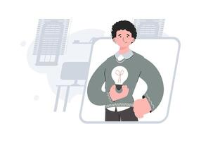 A man stands waist-deep with a light bulb. Idea. Element for presentations, sites. vector