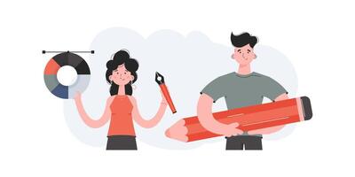 A man and a woman stand with a belt and hold a color palette. Design. Element for presentations, sites. vector