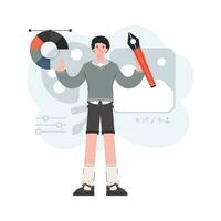 Man standing full length with color wheel and pen tool. Creation. Element for presentations, sites. vector