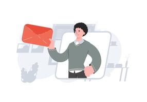 A man stands waist-deep and holds an envelope in his hands. Communications. Element for presentations, sites. vector