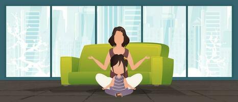 mamá y pequeño hija hacer yoga juntos en el loto posición. dibujos animados estilo. vector. vector