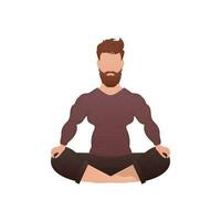 The guy of a strong physique sits meditating. Isolated. Cartoon style. vector