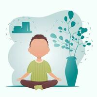 Cute little baby boy doing yoga in the room. Healthy life concept. Vector illustration in cartoon style.