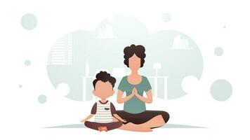 Mom and son are sitting in a room in the lotus position. Yoga. Cartoon style. vector