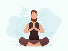 un chico de fuerte físico se sienta en un loto posición. yoga. dibujos animados estilo. vector