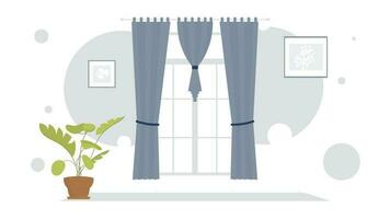 vivo habitación con cortinas y ornamental planta. habitación diseño dibujos animados estilo. vector