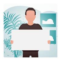 A guy of strong physique stands waist-deep and holds a blank sheet in his hands. Rally. Cartoon style. vector