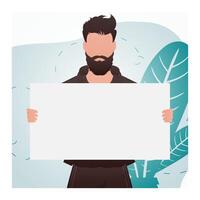 A man stands waist-deep and holds an empty banner in his hands. Place for your advertisement. Cartoon style. vector