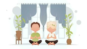 A boy and a girl are sitting in the lotus position in the room. Meditation. Cartoon style. vector