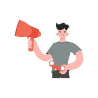 A man stands waist-deep holding a loudspeaker and binoculars. Isolated. Element for presentations, sites. vector