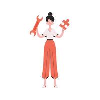 A woman stands in full growth and holds a wrench in her hands. Isolated. Element for presentations, sites. vector