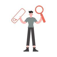 A man stands in full growth holding a web search bar and a magnifying glass. Isolated. Element for presentations, sites. vector