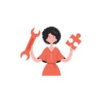 A woman stands waist-deep holding a wrench and a puzzle. Isolated. Element for presentations, sites. vector