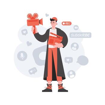 A man stands to his full height and holds a clapperboard in his hands. Blogging. Element for presentations, sites. vector