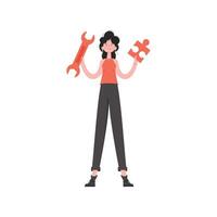 A woman stands in full growth holding a wrench and a puzzle. Isolated. Element for presentations, sites. vector