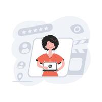 A woman stands up to her waist turns on the video on a laptop. Video presentation. Element for presentations, sites. vector