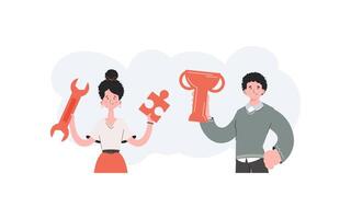 A man and a woman stand with a belt and hold a wrench, a goblet and a puzzle. Victory. Element for presentations, sites. vector