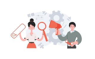 A man and a woman stand with a belt and hold a loudspeaker and a web search bar. Human resource. Element for presentations, sites. vector