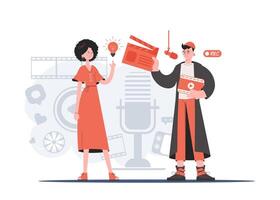 A man and a woman stand in full growth and hold a light bulb and a film strip. Idea. Element for presentations, sites. vector