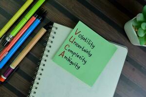 VUCA - Volatility Uncertainly Complexity Ambiguity write on sticky notes isolated on Wooden Table. photo