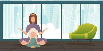 Mom and daughter are meditating together. Cartoon style. Vector. vector