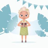 sonriente linda pequeño niña participación un regalo caja con un arco en su manos. día festivo. plano estilo. vector