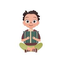 un pequeño chico niño es representado en el loto posición y participación un regalo en su manos. cumpleaños, nuevo año o Días festivos tema. dibujos animados estilo, aislado. vector