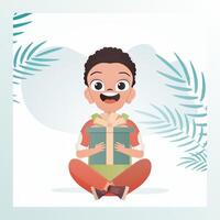 A happy child boy sits in a lotus position and holds a box with a bow in his hands. Holidays theme. Vector illustration in cartoon style.