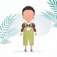 A cute little boy is depicted in full growth. Poster with a child. Vector illustration in cartoon style.