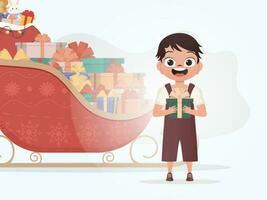 Smiling preschool boy standing and holding a gift box. Christmas. Cartoon style. vector