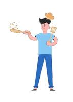 The guy is holding a frying pan with food in his hands. Chef concept. Isolated on white background. Trendy flat vector