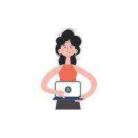 A woman stands up to her waist turns on the video on a laptop. Isolated. Element for presentations, sites. vector