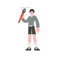 A man stands in full growth holding a pen tool in his hands. Isolated. Element for presentations, sites. vector