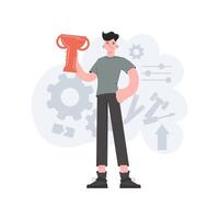 The man stands to his full height with a raised goblet. Victory. Element for presentations, sites. vector