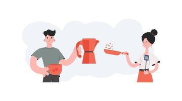 A man and a woman stand with a belt and hold a spatula and coffee bars. Cafe. Element for presentations, sites. vector