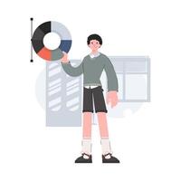 A man stands in full growth and holds a color palette in his hands. Design. Element for presentations, sites. vector