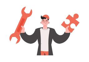 A man stands waist-deep and holds a wrench in his hands. Isolated. Element for presentations, sites. vector