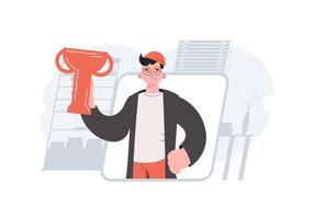 A man stands waist-deep and holds a goblet in his hands. Victory. Element for presentations, sites. vector