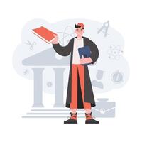 The guy stands in full growth and holds a textbook in his hands. Online school. Element for presentations, sites. vector