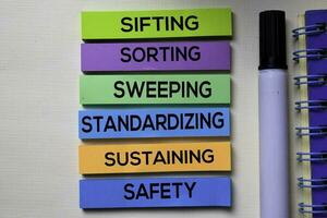 Sifting Sorting Sweeping Standardizing Sustaining Safety - 6S text on sticky notes isolated on office desk photo