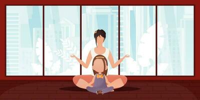 Mom and daughter are meditating together. Design in cartoon style. Vector. vector