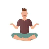 The man sits in the lotus position. Isolated. Cartoon style. vector