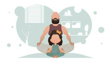 un hombre con un pequeño niña son sentado y haciendo yoga. meditación. dibujos animados estilo. vector